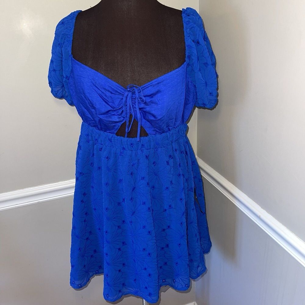 NWT Lulus Excuse to Flirt Cobalt Floral Embroidered‎ Puff Sleeve Mini Dress XL